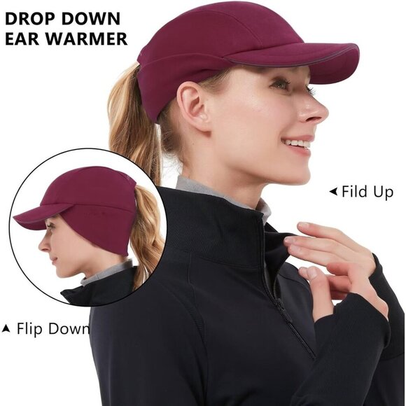〽️Women\'s Wine Red Winter Reflective Fleece Ponytail Hat with Ear Warmers main image 4